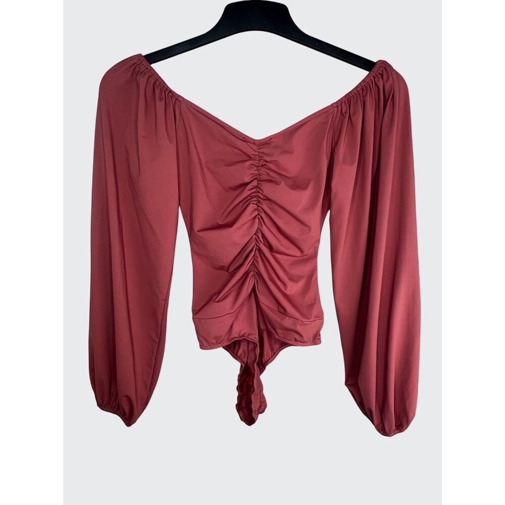 Lulus Certified Flirt Rusty Rose Ruched Long Sleeve Thong Bodysuit Size Small - Picture 3 of 13
